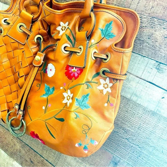 Luana Floral Embroidered Italian Leather Tote - Picture 3 of 13